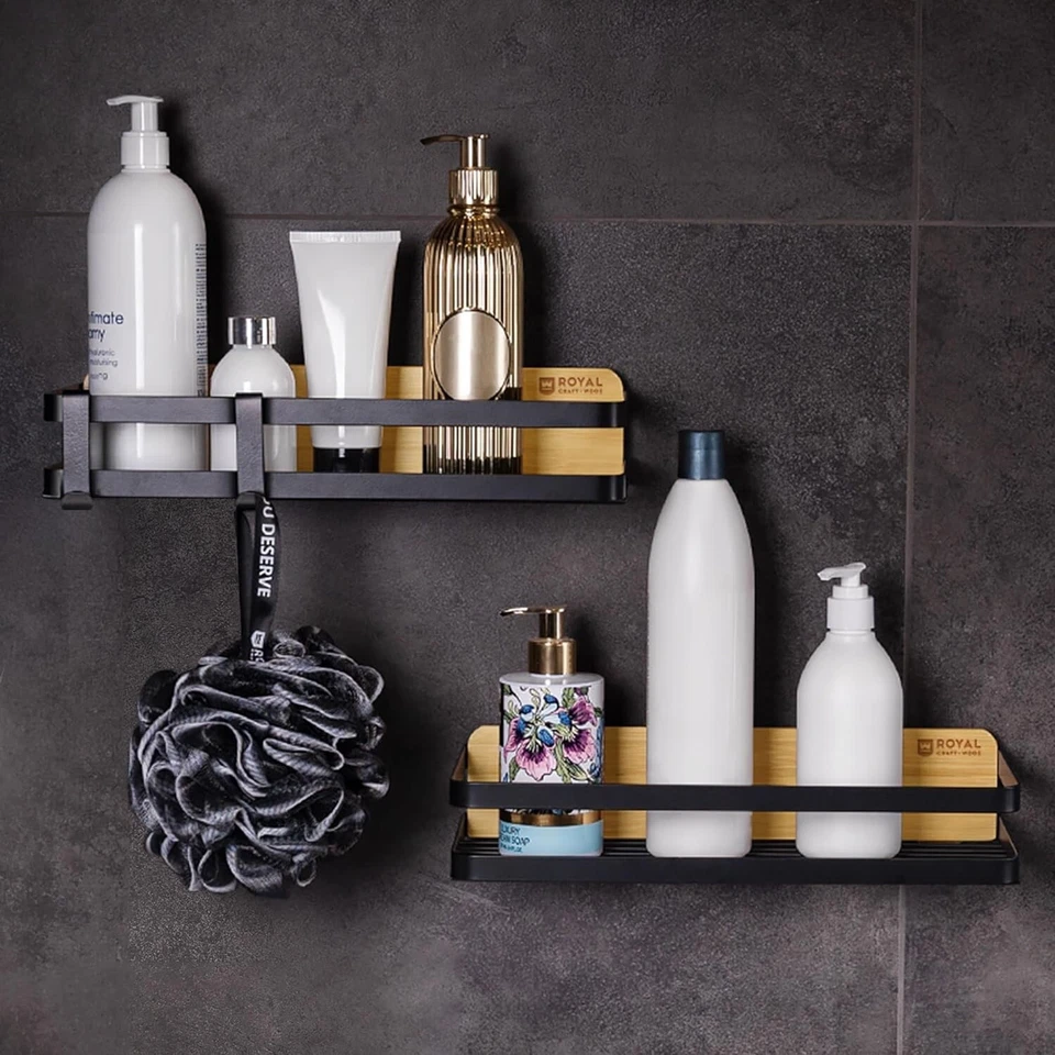 2 Pack Wall-Mounted Shower Caddy Organizer Self Adhesive Stainless Steel Bamboo - Image 2 of 4