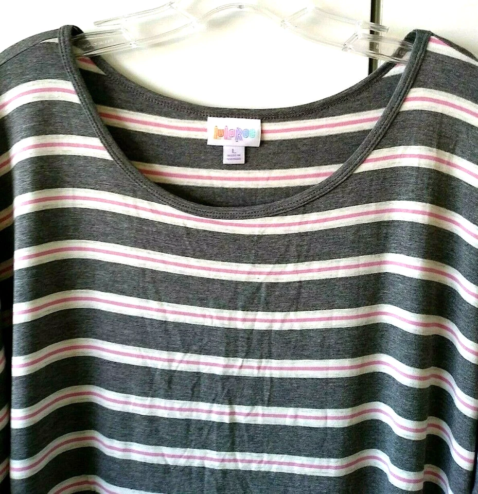 NUEVO MUJER LULAROE IRMA GRIS BLANCO ROSA RAYAS OVERSIZE HI LO TOP TALLA L NUEVO CON ETIQUETAS Foto 2 de 3