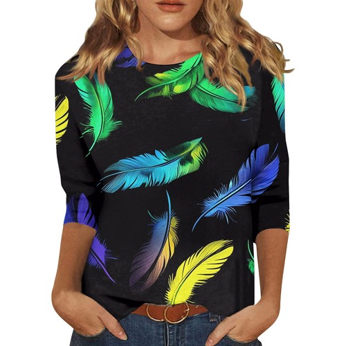 3/4 Sleeve Shirts For Women Cute Print Graphic Tees Blouses Casual Plus Size - Picture 12 of 48