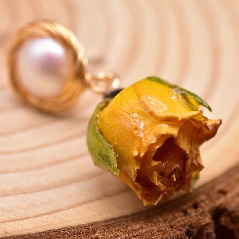 Pendientes de perlas naturales de agua dulce con flores reales boho barroco gota plata 925 Foto 4 de 4