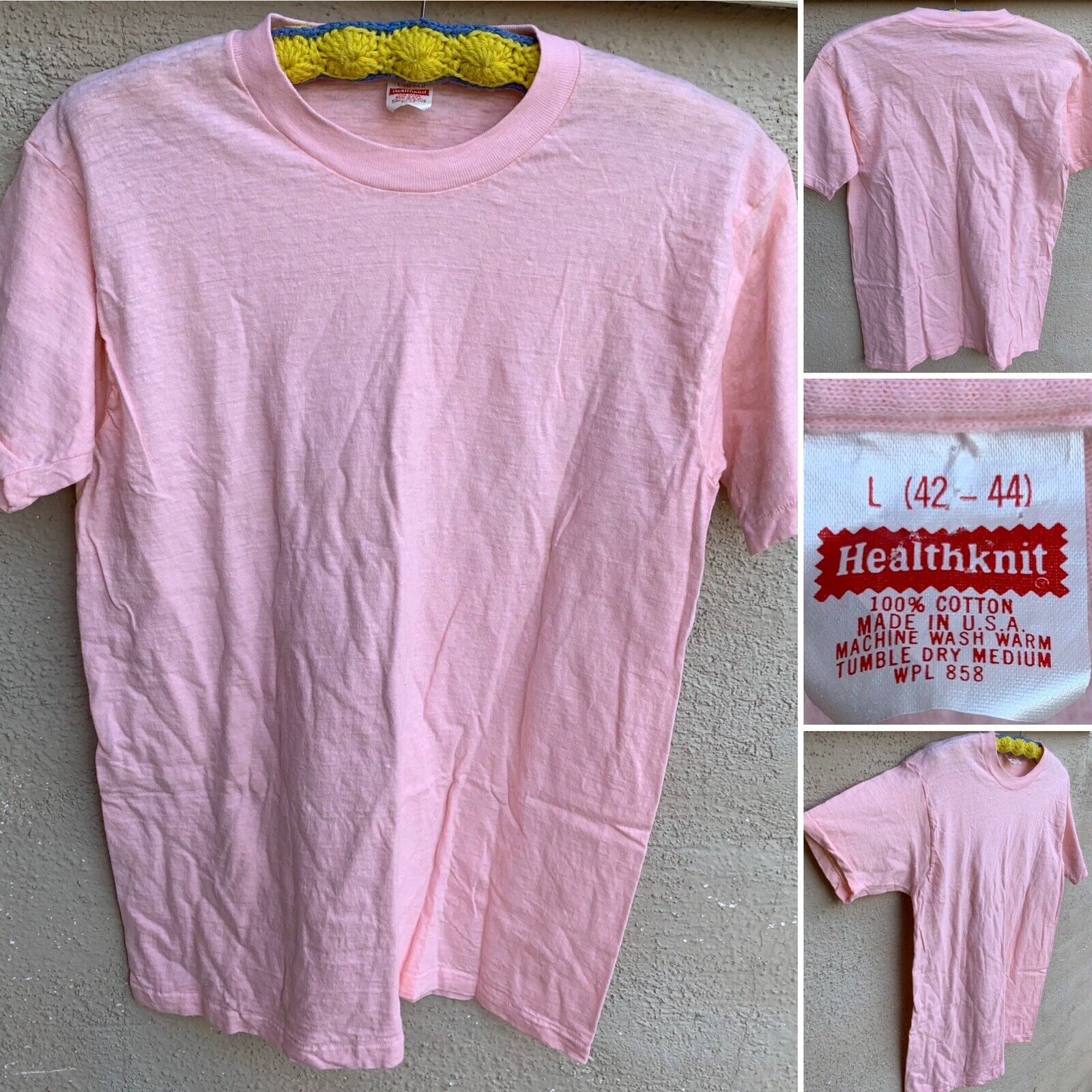 Vintage Healthknit T Shirt Cotton Pink Made In USA 70s 80s Size L