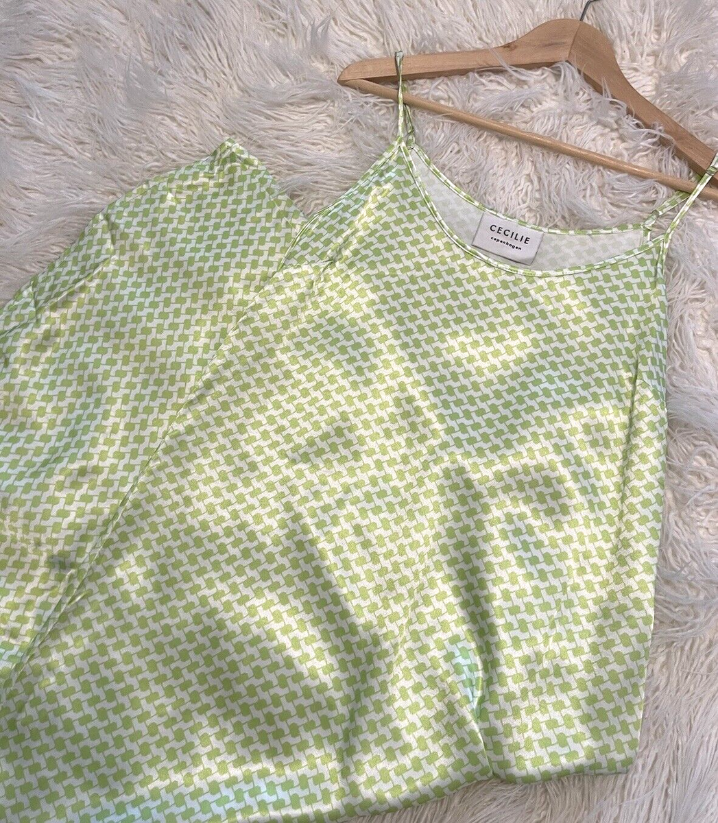 Women's Cecilie Copenhagen Green Geometric Satin Maxi Slip Dress Size Small