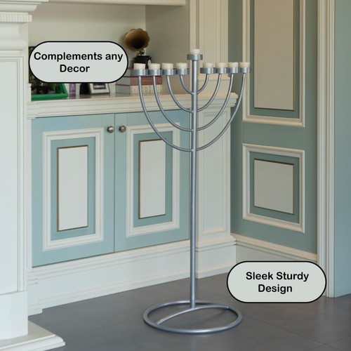 New Modern Silver 9 Branch Lighting Thin Pipe Hanukkah Menorah, Metal-Aluminum - Picture 18 of 23