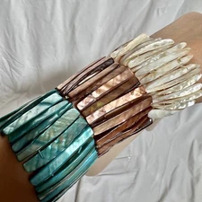 Beachy Boho Chic Style Blue Brown Cream Shell Stretch Fashion Bracelets Set Of 3