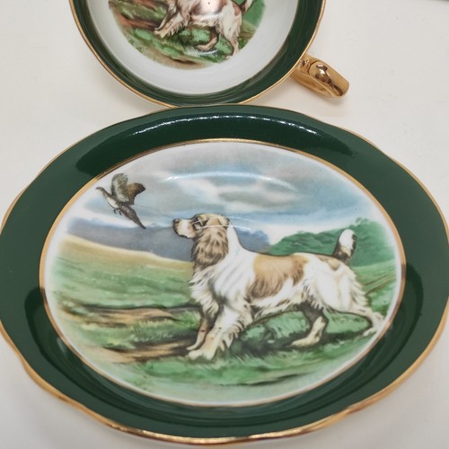 Pair Windsor Green Tea Cup Saucer Dog Pheasant Hunting Bone China England 530/66 - Picture 19 of 24
