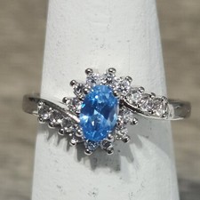 925 Sterling Silver With Oval Blue and Accent White CZ Stones Size 6
