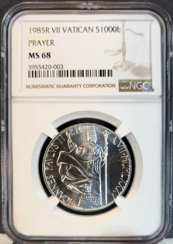 1985 VATICAN SILVER 1000 LIRE POPE PRAYER NGC MS 68 SCARCE HIGH GRADE