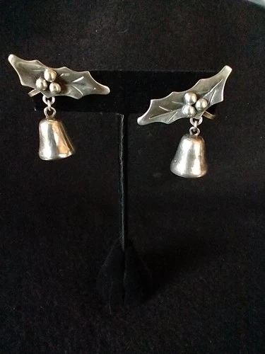 VTG Taxco Mexico Sterling Silver Holly Berry Ringing Bell Screw Back Earrings VG