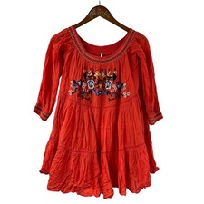 Free People Embroidered Mini Dress Peasant Red Small