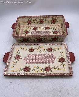 Temptations By Tara Floral Microwave Safe Casserole Dish & Baking Tray Lot Of 2