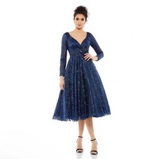 Mac Duggal 112181 Long Sleeve A Line Cocktail Tea Length Dress Midnight Blue 6