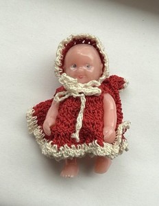 Vintage Miniature Renwal Celluloid Doll w/ Crochet Dress Movable Arms & Legs 