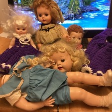 Vintage doll and doll parts lot.Most need TLC.Clothing,shoes etc for most