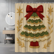 Christmas Tree Shower Curtain with Red Bow and Gold Accents