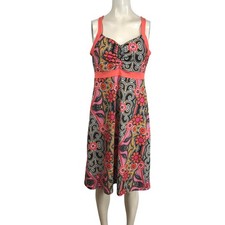 PrAna Womens Size L Floral Print ALine Dress Coral Orange Yellow Gray