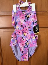 Girls' Art Class Pink  Purple Floral One Piece Bathing Suit Cutout Sides Large