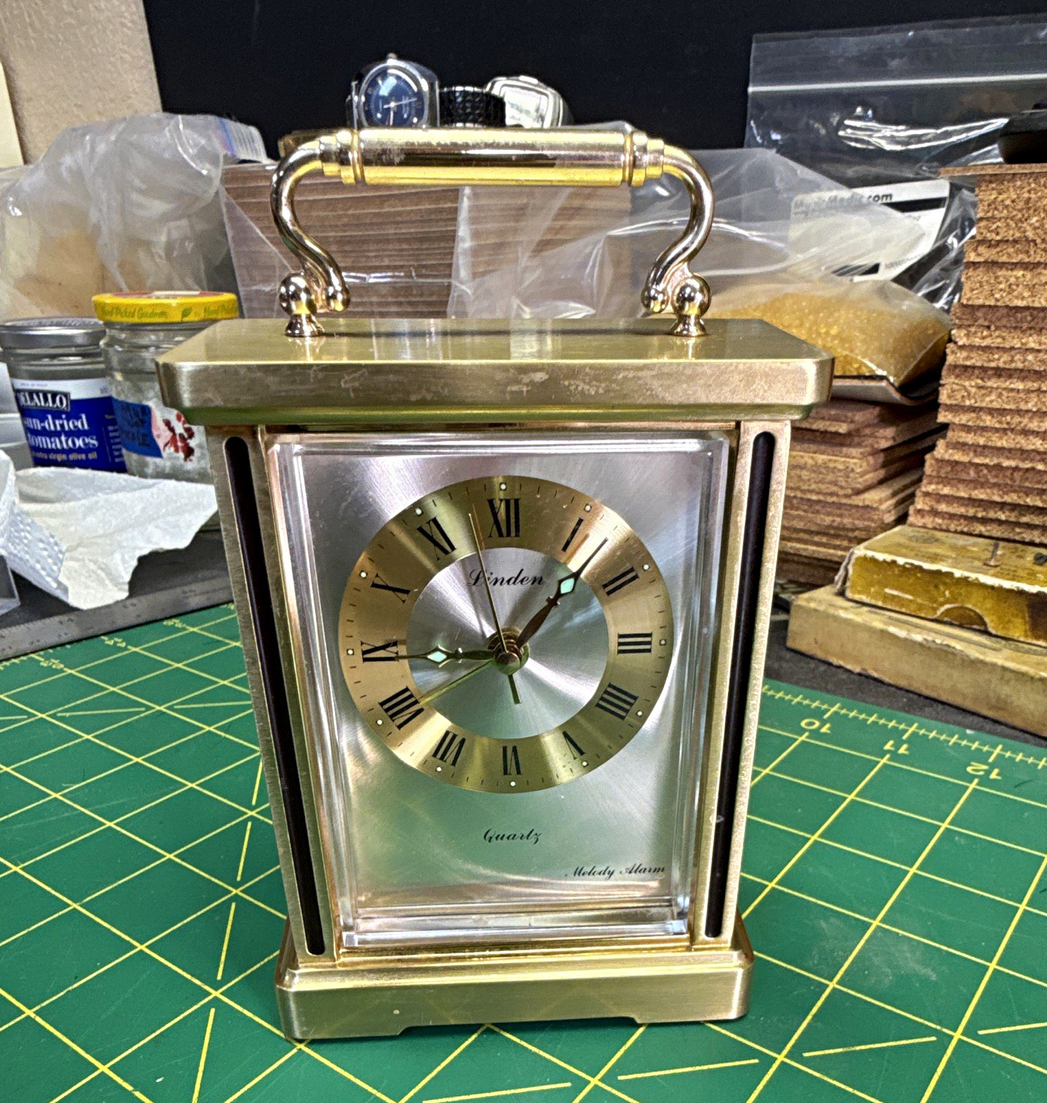 Linden Quartz Melody Alarm Clock Analog Roman Numerals Gold Metal/Glass