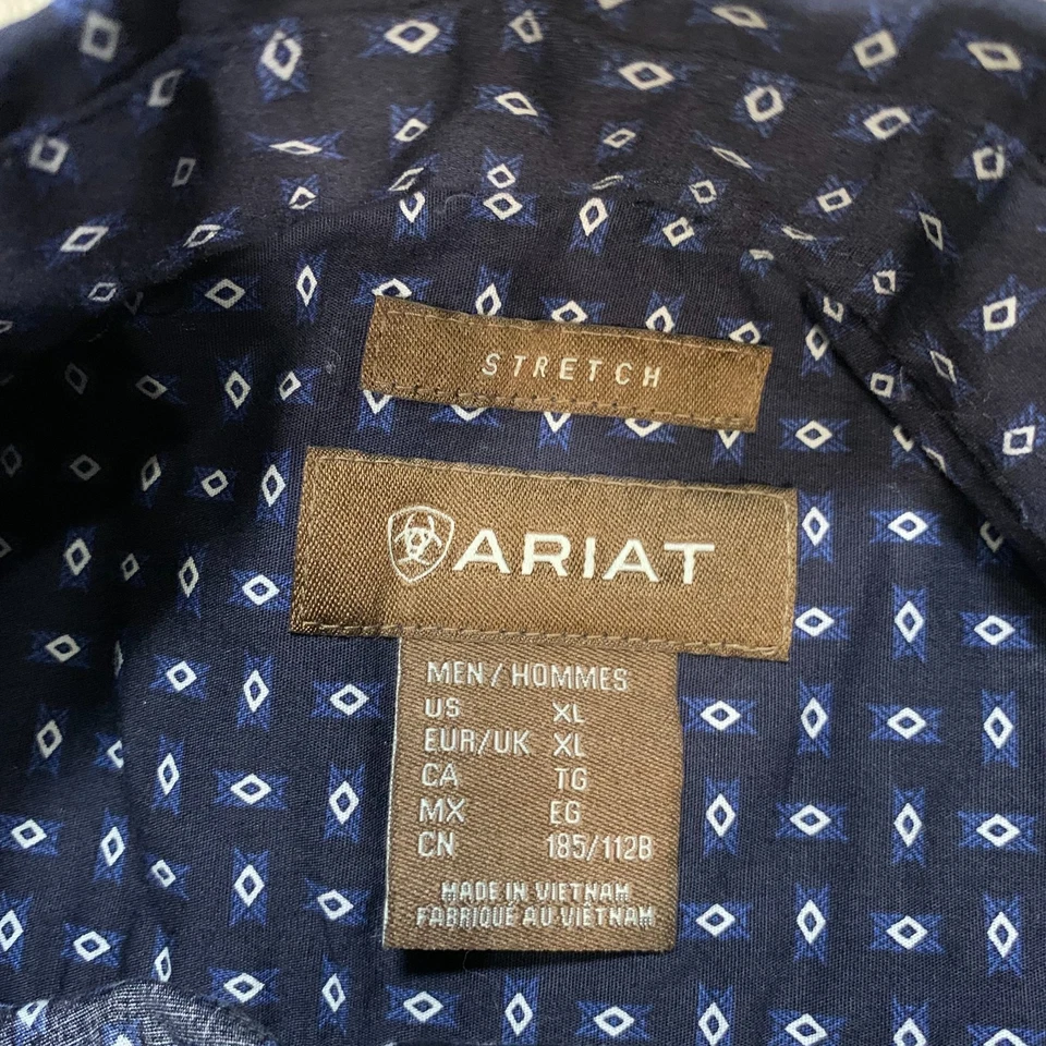 Ariat Shirt Mens Extra Large Blue Geometrical Pattern Button Up Long Sleeves - Image 4 of 4