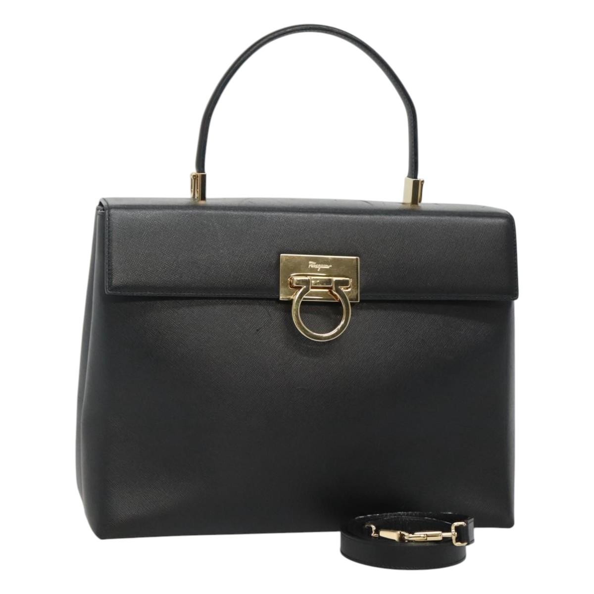 Salvatore Ferragamo Gancini Convertible Top Handle Bag Leather Black Leather Handbag (Pre-Owned)