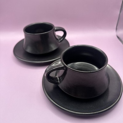 Vintage Shungyo Slate Black Gray Stone Ware Japan 2 Tea Cups & Saucers Set
