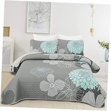 Green Floral Size Quilt Set - 3 Pieces Boho Flower Quilt Coverlet Queen Gray