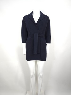 S Max Mara Women's Wool Wrap Coat S Blue Arona Belted 3/4 Sleeve
