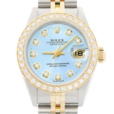 Rolex Datejust 18K Gelbgold & Ss Eisblau Ziffernblatt Diamant Jubiläum Uhr 69173