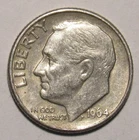 1964 D ROOSEVELT DIME, 90% Silver in circulated condition