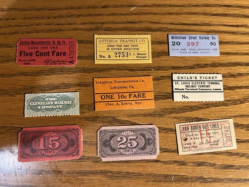 Old Vintage Trolley Train Bus Ticket Collection Lot Railway Co. Fare Stub
