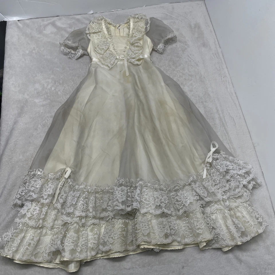 Vestido de encaje vintage vestido niñas 3 cintas marfil volantes boda retrato concurso Foto 3 de 4