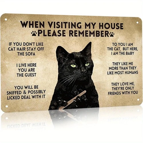 Funny Black Cat Vintage Tin Metal Sign Humorous House Rules Wall Art 8x12