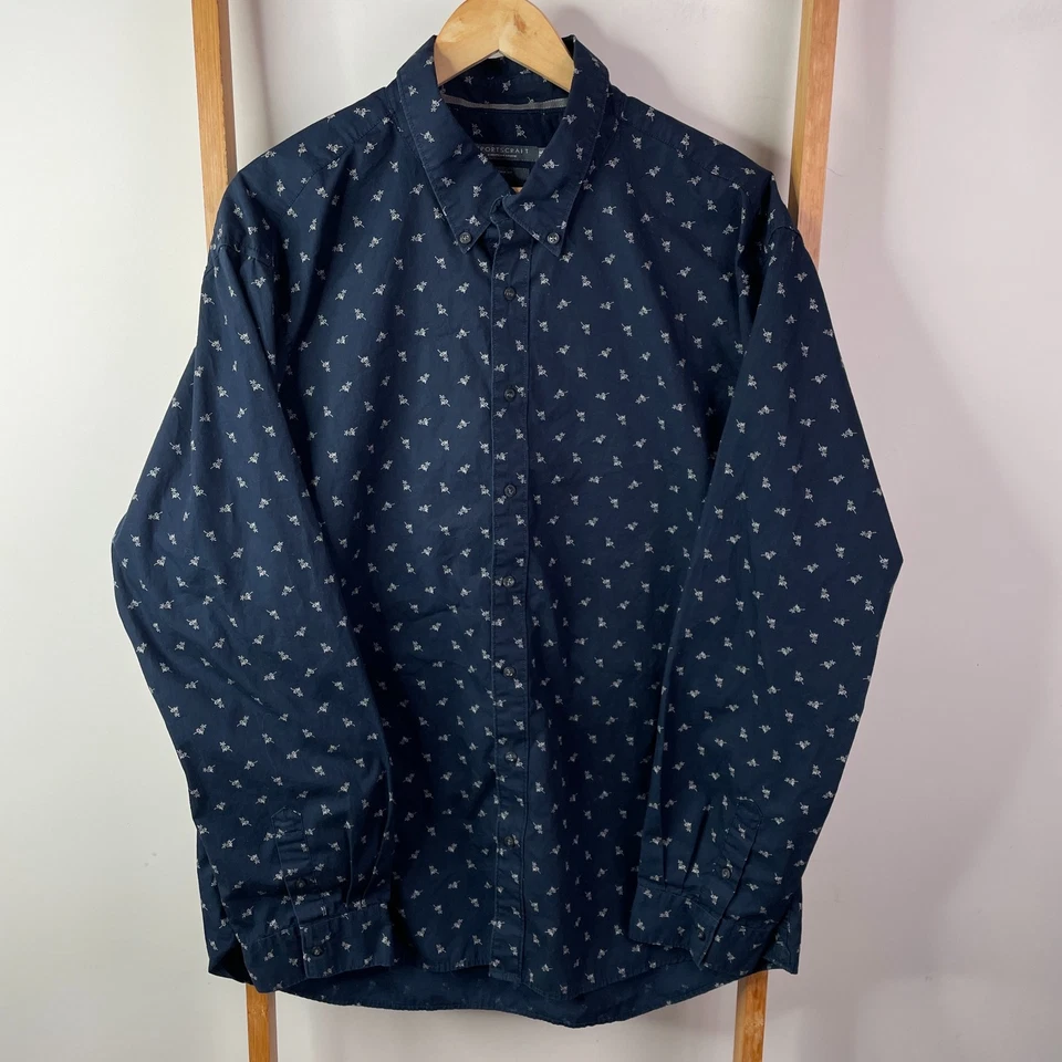 Sportscraft Button Down Shirt Mens 3XL Navy Blue Floral Tapered Fit Long Sleeve