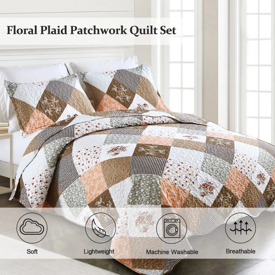 Floral Plaid Patchwork Quilt Set California King Size, Reversible Brown Beddi... - Image 2 of 4