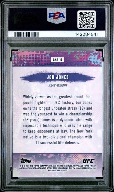 2024 Topps Finest UFC: JON JONES (#CHA16) Chaos, Aqua Glitter PSA 9 view 2