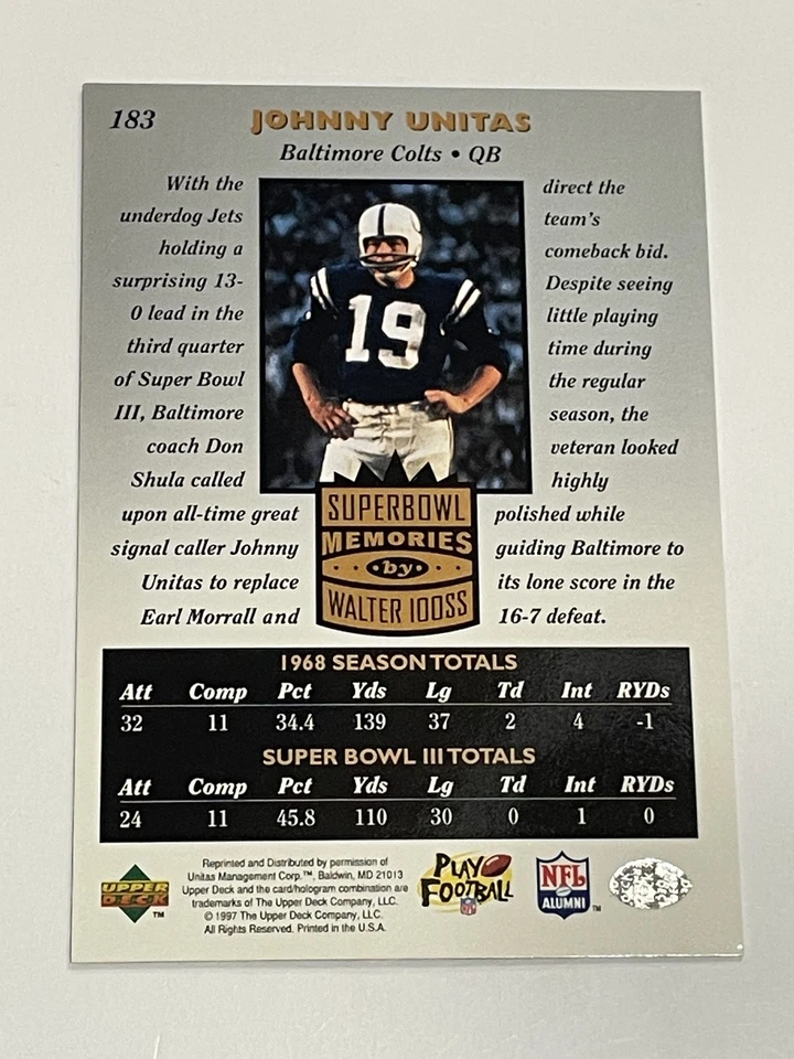 1997 Upper Deck Legends Football #183 - Johnny Unitas - Baltimore Colts - Image 2 of 2