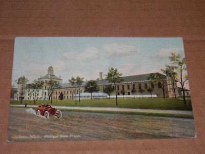 JACKSON MICHIGAN - 1908 POSTCARD - MICHIGAN STATE PRISON - EARLY AUTO ZOOMING BY