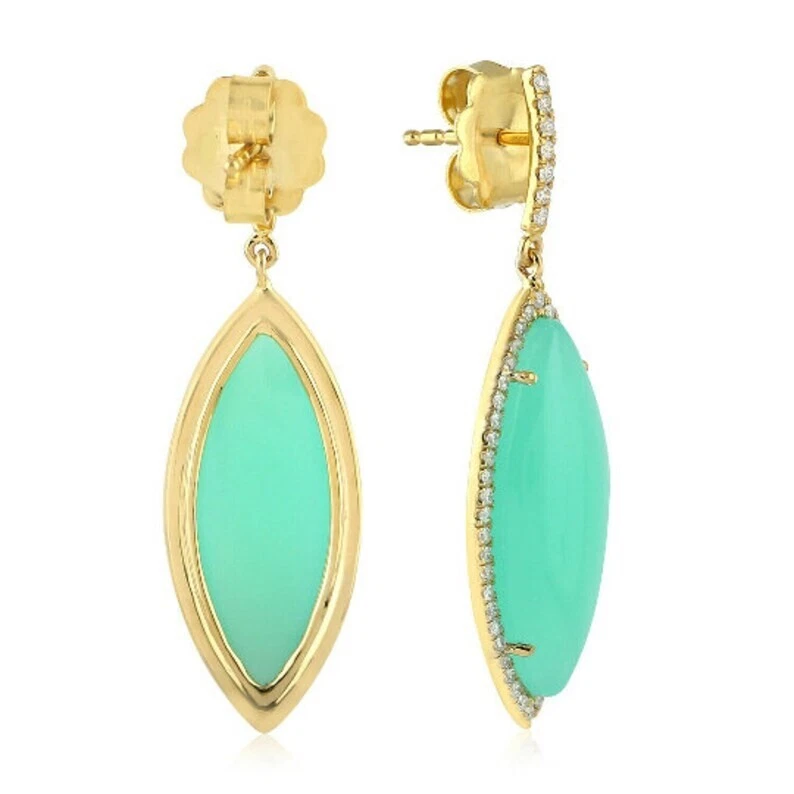 Pendientes de plata de ley 925 con piedras preciosas marquesa crisoprasa natural pavé de diamantes Foto 3 de 4