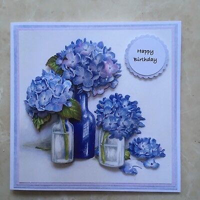 Handmade Happy Birthday card 3D decoupage blue hydrangea flowers in vases 6/"