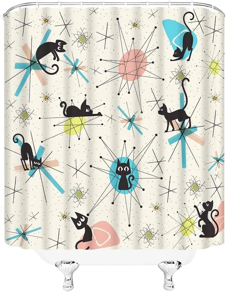 Mid Century Shower Curtain Black Cat Retro Diamond Atomic Starbursts 1950S 1960S - Image 3 of 4