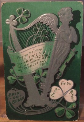 Irish PC Dear Irish Memories Erin Go Bragh ST PATRICKS DAY Harp Shamrocks 1909