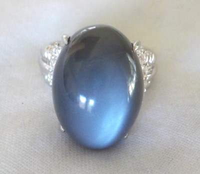 Heavy Platinum Grey Cats Eye Quartz Diamond Ring - 12.90 gms, Sz 6.5, 15.60 ctw