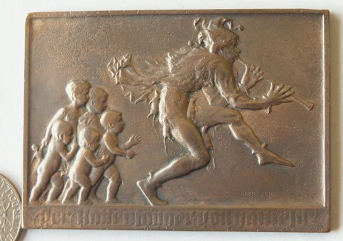 Antique Karl Pearl Austrian Bronze Plaque,Pied Piper of Hamelin, 54x75mm