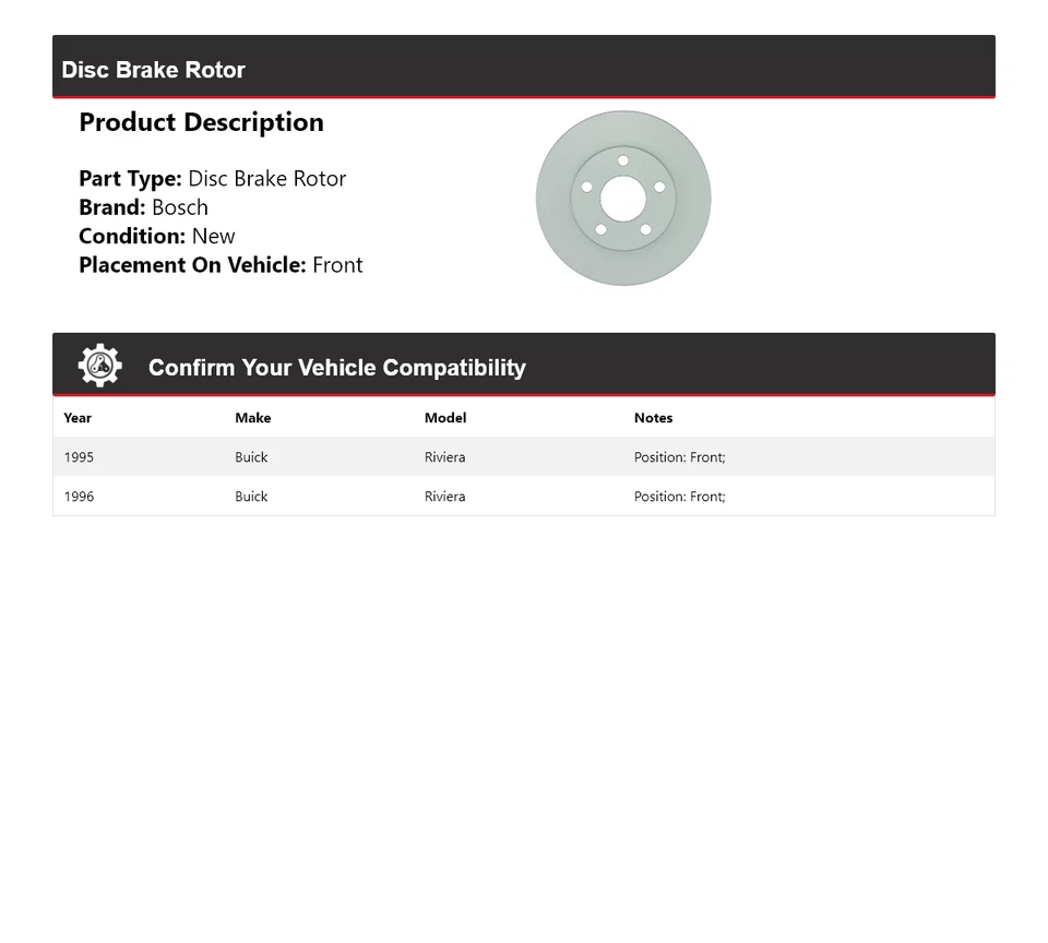 Rotor de freno de disco delantero QuietCast Bosch 1995-1996 Buick Riviera Foto 2 de 4