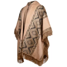 LIGHTWEIGHT BABY ALPACA WOOL HOODED PONCHO FRINGE UNISEX TAUPE & CHARCOAL