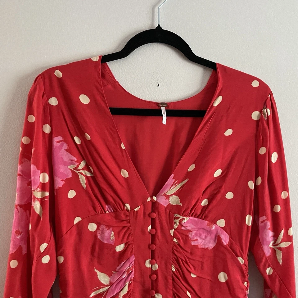 Free People женщин S красный цветочный горошек богемное длинным рукавом Дата ночь мини-платье - Изображение 4 из 4