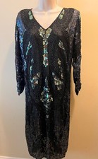 Vintage 80s Beaded Sequin Formal Silk Dress Sz Medium D-45