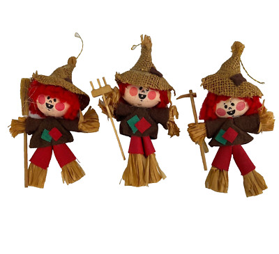 3 VTG Fall Halloween Corn Husk Burlap Felt Scarecrow Ornaments Broom Rake Sickle