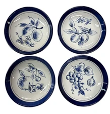 Over & Back Bowls Blue White Pottery Fruit Pattern Pasta Bowls•Made in Italy•4