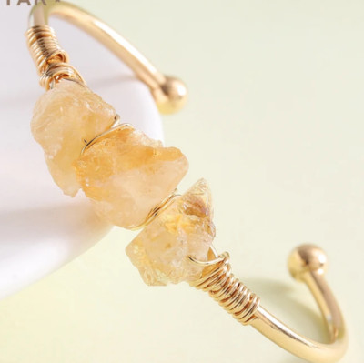 1pcs Raw Citrine Raw Stone Gold Wire Silk Wrapped Bracelet Jewelry Handicraft