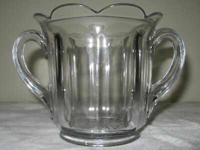 Vintage Clear Crystal Cut Glass Big Sugar Bowl Dish Scallop 2 Handle Star Design